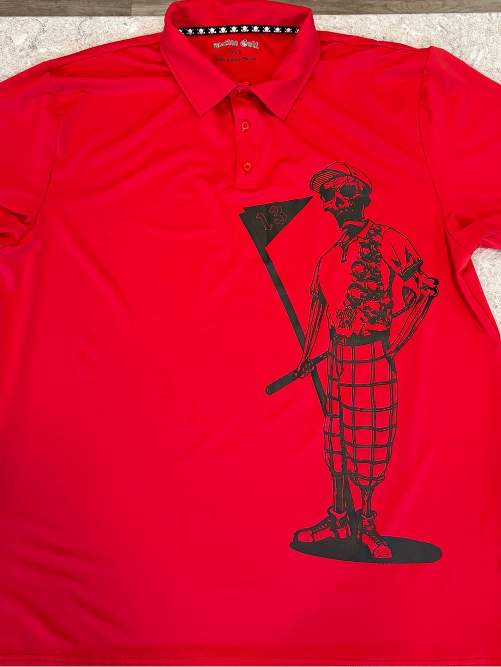 Tattoo Golf Mr. Bones Crimson Graphic Polo Shirt - Skull Golfer Design-XXL